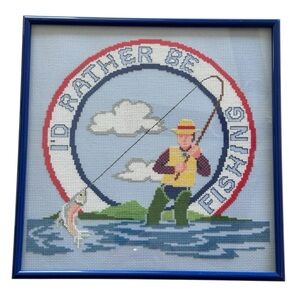 Handmade "I'd Rather Be Fishing" Cross Stitch Framed Artwork